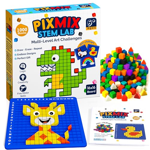 WIZZLY PIXMIX Pixel Building Art Kit for Kids Ages 5+ STEM Toy for Boys & Girls Creative Learning & Sensory Activity 16x16 Board 1000 Pieces 200+ Multi-Level Challenges