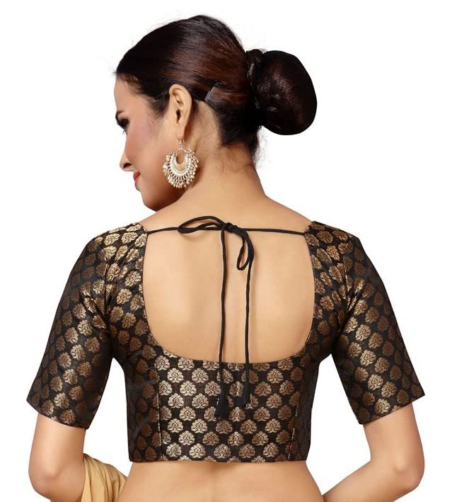 Image of Studio Shringaar Women's Readymade Brocade Short Sleeves Saree Blouse