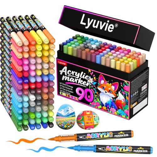 Lyuvie 90 Couleurs Feutre Acrylique, Acrylic Paint Brush Marker à Peinture à Base D'eau, Marqueur Peinture Acrylique pour Pierre,Bois,Galets,Papier, Tissu,Verre, Plastique