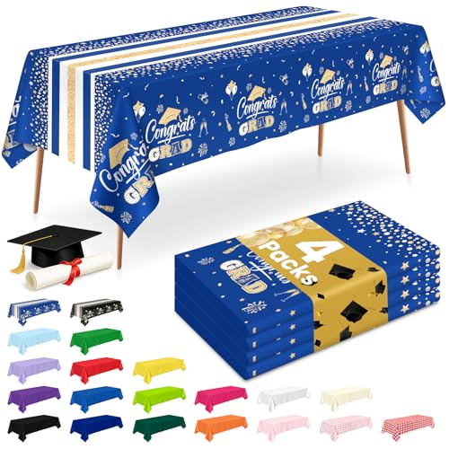 Image of LANLISA 4 Pack Graduation Tablecloth Disposable, Graduation Decorations 2026, Gongrats Grad Table Cloths for Graduation Party Supplies, Class Blue Gold Tablecover, 54 inchx108 inch
