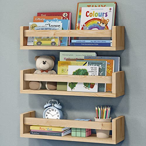 NATURE SUPPLIES Lot De 3 Étagères Murales en Bois, Bibliothèque Montessori Rangement Tablette Livre pour Chambre et Décoration Enfant. 41 cm, Bois Naturel