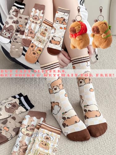 Geerta Cute Capybara Slippers for Women Girls Daughters - Capybara Cartoon Pattern Keychain & 5 Pairs Socks Christmas Gift Set, Fluffy House Slippers Cozy Fuzzy Open Toe Indoor Comfort Wear Slides2