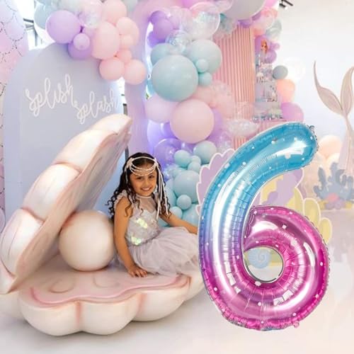 Image of 40 Inch Balloon Number 6 Blue Pink, Large Foil Mermaid 6 Balloons Number for Women, Starry Rainbow Globos de Numero 6 Helium Balloons for Girls 6th Birthday Anniversary Graduation Party Decorations