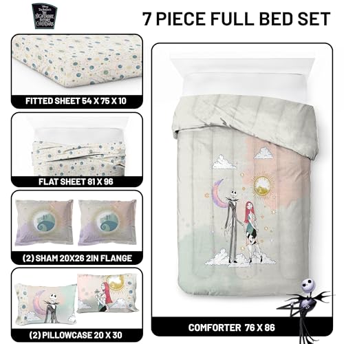 Image of Disney Nightmare Before Christmas Full Comforter Set 7 Piece, Multi | Jack Skellington Sally, Bed in a Bag, Comforter Sheets Shams Pillowcases, Soft Microfiber, Machine Washable, Girls Gift