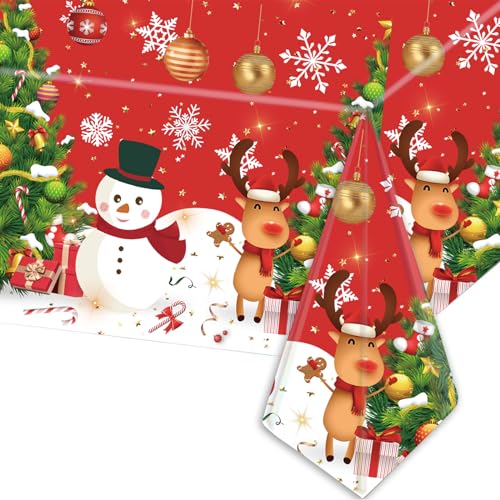 POPOYU Mantel de Navidad, rojo desechable, mantel de Navidad, grande, rectangular, Papá Noel, muñeco de nieve, mantel de mesa para Navidad, fiestas, mantel (137 x 274 cm)