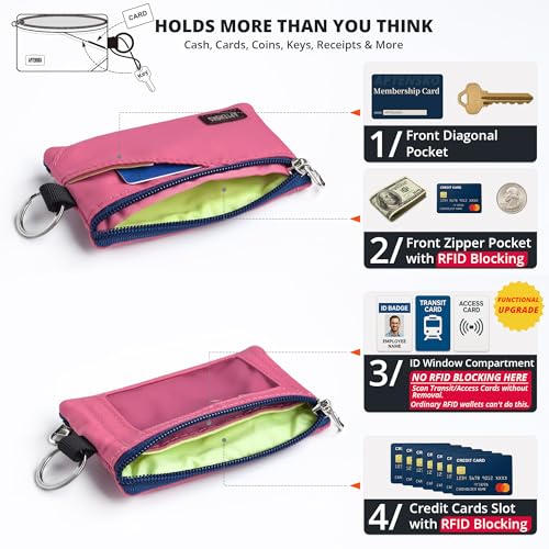 Image of RFID Blocking Travel Wallet with Adjustable Lanyard, Small Nylon Zipper Pouch and Badge Holder for ID, Credit Cards, Cash, Keys, Commuters (Rose Pink)