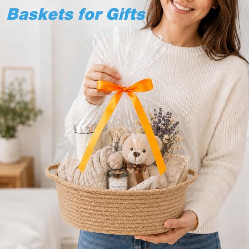 Image of Empty Gift Basket with Gift Bag & Ribbon, Woven Rope Basket, 12x8x5 inch