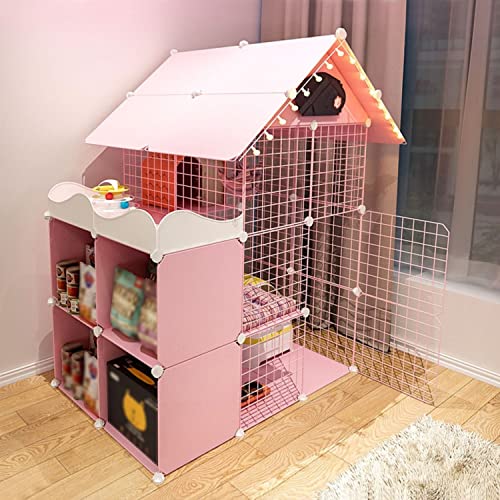 3段式キャットケージ プレイペン キャットクレート キャットケンネル キャットケージ キャットハウス 小動物ペットプレイペン 収納ラック付き 強化ロック付き キャットネスト + ハンモック + キャットボウル + キャットL(Pink-111x75x145