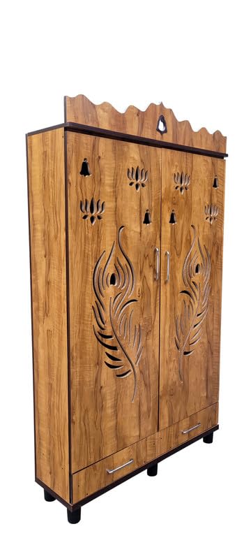 Image of 6 x 4 ft Wooden Pooja Mandir with Kalasam | Temple for Home & Office | Wall Mount Pooja Stand | 36 inch L x 72 inch H x 12 inch D | Teakwood Finish