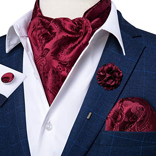 Image of DiBanGu Mens Silk Ascot Ties Paisley Jacquard Woven Cravat and Pocket Square Cufflinks with Lapel Pin for Business Wedding