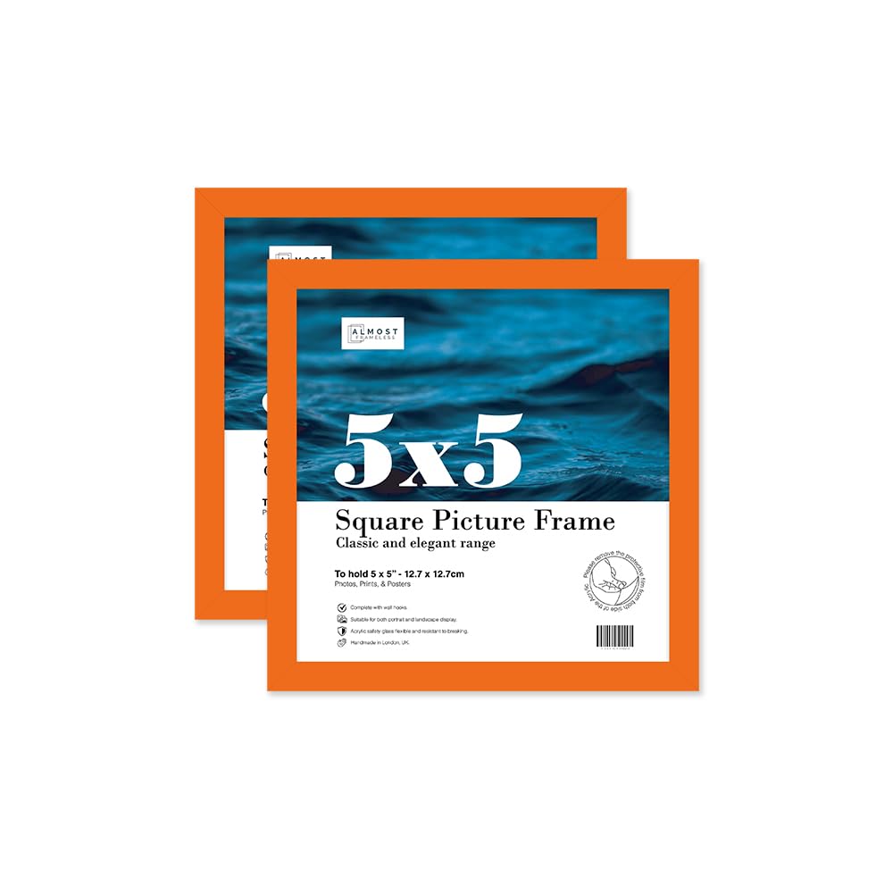 Almost Frameless 5x5 Orange Picture Frame Set of 2, Display 5x5 Picture Gallery Wall, Poster, Photo, Artwork, or Print, Orange, Square