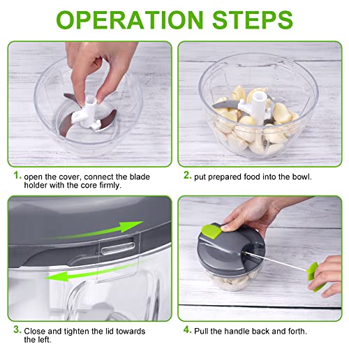 AUAUY Manual Food Chopper Pull String, Hand Food Shredder with Stainless Steel Blades, Vegetable Chopper, Onion Cutter, Garlic Choppe, for Vegetables, Meat, Onions, Nuts and Lots More (520ml) - Image 6