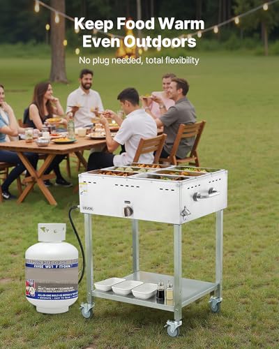Image of VEVOR 6-Pan Commercial Propane Steam Table, LP Gas Outdoor Soup Warmer with Drain Valve and 3 inch Wheels, Stainless Steel Propane Food Warmer with Adjustable Temperature, for Restaurant Outdoor Camping