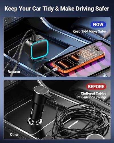 Image of Retractable Car Charger USB-C,Rocoren 57W Type C Fast Car Charging [Ultra-Compact Mini] with Cord Cigarette Lighter Adapter Car Accessories for iPhone 17 16 15 Samsung S25 Ultra Pixel Android