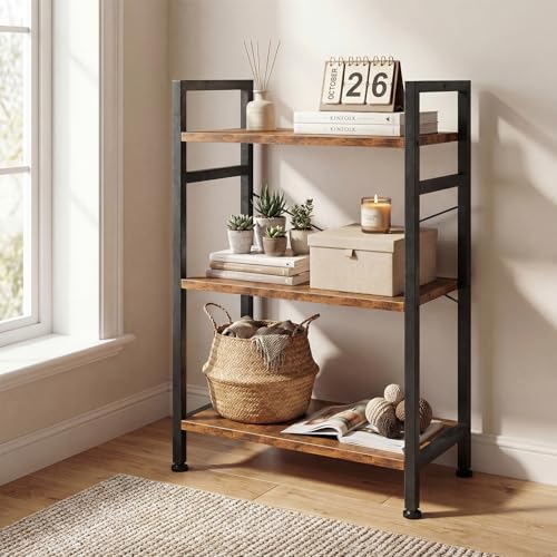 Image of DUMOS 3 Tiers Open Bookshelf, Classic Freestanding Tall Display Shelf, Multifunctional Storage Organizer Rack for Living Room Home Office, Sturdy Bookcase for CDs /Books /Movies, Brown