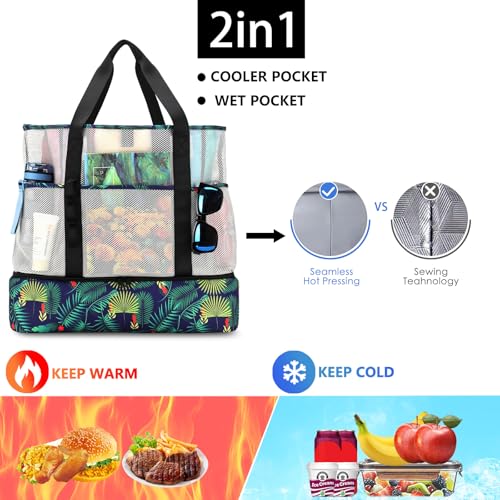 Image of Beach Bag with Cooler,Mesh Beach Bags for Women Sandproof for Pool and Swimming Travel Daily with Durable 8 Pocket