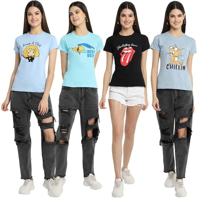 Image of Preneum 100% Pure Cotton Oversized Regular Fit Half Sleeve Round Neck Cool Front Trendy Printed T-Shirt for Women /Girls (Pack of 3)