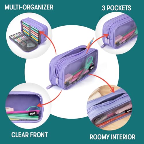 Image of ZIPIT Half & Half Pencil Case for Girls, 3 Compartment Zipper Pouch for School, Stationery Bag for Teen and Adults, Purple