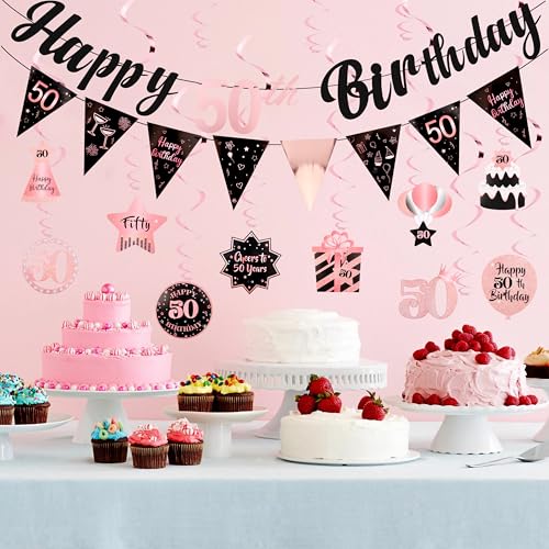 Image of 50th Birthday Decorations for Women Rose Gold Pink Pre Strung Happy 50th Birthday Banner and Hanging Swirls 50 Year Old Party Decorations Supplies
