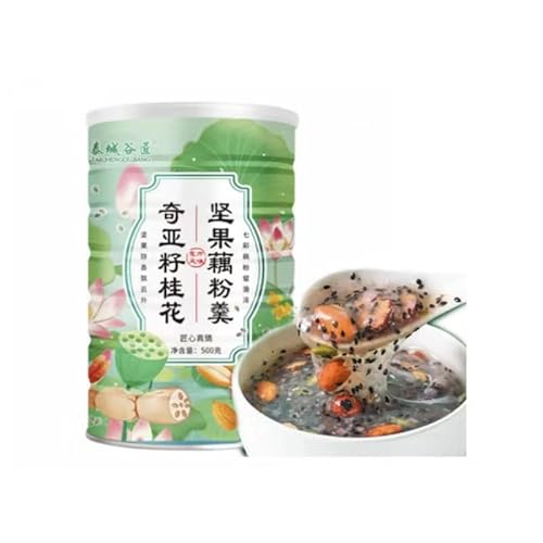 奇??桂花?果藕粉羹(500g/缶) 冲泡藕粉羹 朝食アフタヌーンティー 桂花藕粉 甘味モクセイ味 11種類のナッツフルーツドライ??工?磨粉 無着色香料防腐剤 中国甜品藕粉羹 (キヤ種子桂花ナッツとレンコンの粉末スープ,1缶)