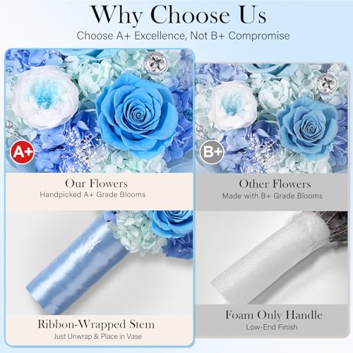 Image of Preserved Flowers Bouquet with Bear, Real Forever Flowers for Delivery, Long-Lasting Blue Eteranl Roses Bouquet, Anniversary Birthday Gifts for Women Mom Her Girlfriend Wife
