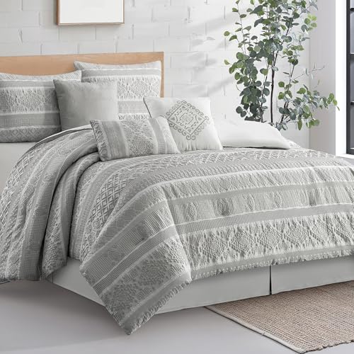 Image of LANCO MODERN LIFESTYLE 7 Piece Queen Comforter Set, Grey, Elegant Jacquard with Patchwork, Stylish and Cozy Bedding Collection, Premium Bedding Set with Bedskirt, Shams and Pillows