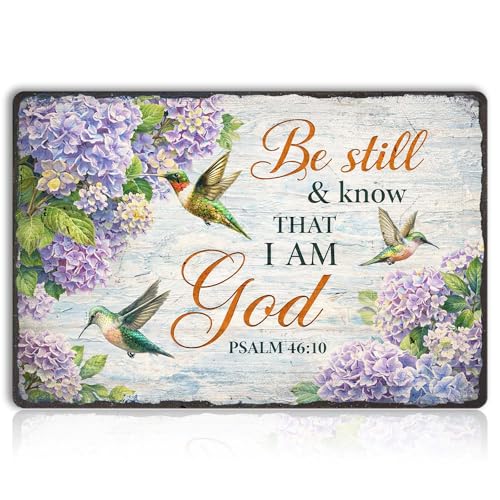 Christian Wall Decor Metal Tin Sign – Be Still And Know That I Am God Scripture Wall Art with Hummingbird Flowers, 12x8 Inch