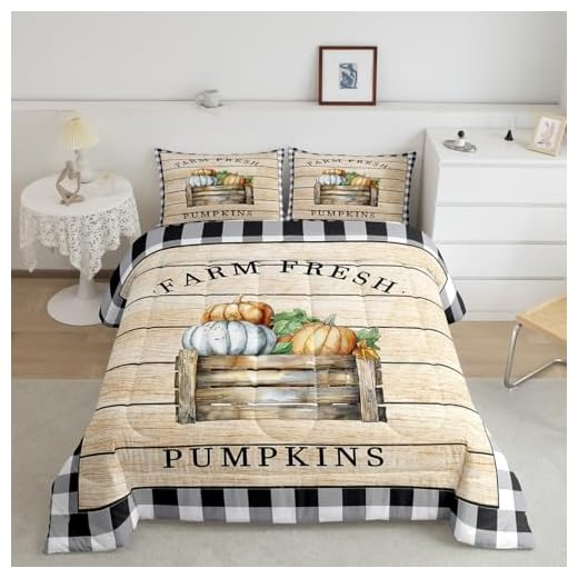 Homewish Geometric Plaid Quilt Set King Size,Rustic Farmhouse Barn Comforter for Men Women Bedroom Decor,Thanks Giving Day Themed Bedding Halloween Style Bedspread 3pcs with 2 Pillowcases