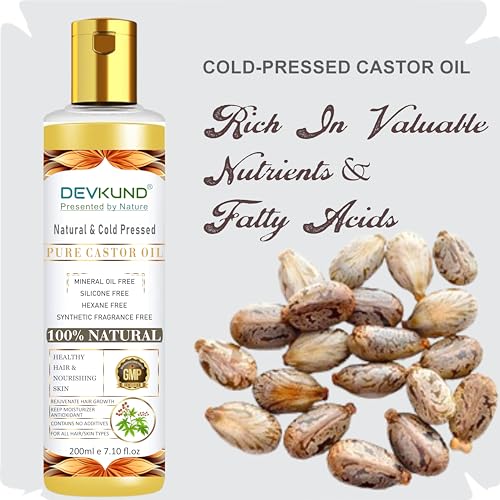 Image of Devkund Cold Pressed 100% Pure Castor (Arandi) Oil for Skin & Hair With Vitamin E, Omega-6 & 9, Mineral Free & Preservative Free (200 ml)