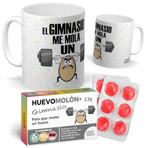 Pack Regalo Gimnasio Original: Taza Divertida “El Gimnasio me Mola un Huevo” + Caramelos de Broma Huevomolón Gimnasio | Detalle Gracioso para Deportistas y Amantes del Fitness