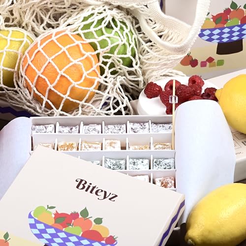 Image of Biteyz Original Turkish Delight, Vegan Candy Gift Box - Assorted Gourmet Fruit Snacks with Lemon, Apple, Orange, Pomegranate, and Raspberry Flavors, 36 Pieces of Luxury Handmade Vegan Treats