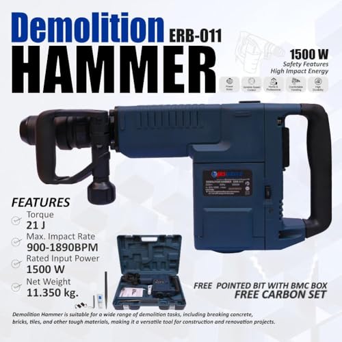 Image of EASTMAN Demolition Hammer 11kg - 1500W Heavy Duty Concrete Breaker 21J Impact Energy, 900-1890 BPM with BMC Box & Free Pointed Bit (ERB-011)