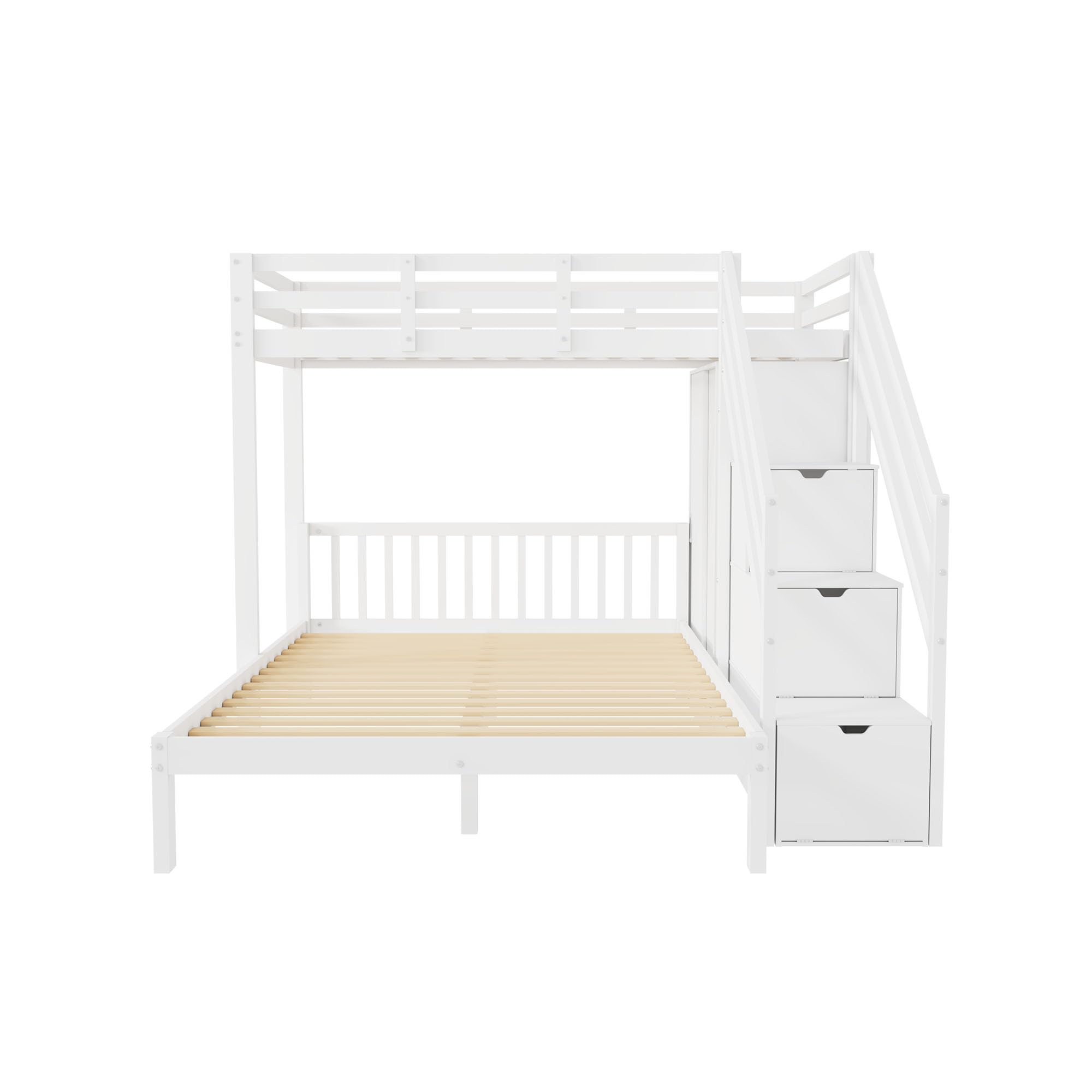 Letto a castello con guardaroba, letto a castello per bambini, 90 x 200 cm + 140 x 200 cm, multifunzione, con scaletta, grande spazio di archiviazione, senza materasso, bianco