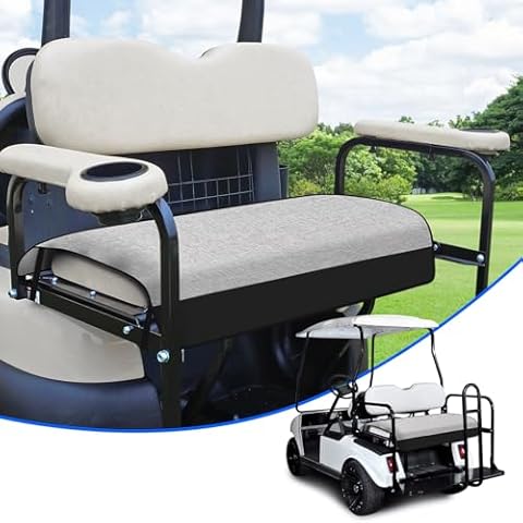T TGBROS Universal Golf Cart Seat Covers for 2 Person Seats EZGO, Yamaha & Club Car Accessories All Weather with Armrests Universal Golf Cart Seat Blanket Cushion - Black Leather & Gray Linen Cover