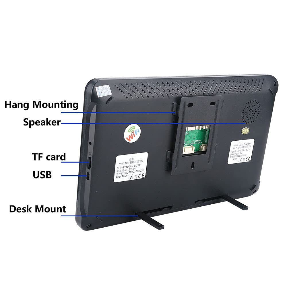Sistema de Control de Acceso Portero automático con Timbre de vídeo inalámbrico WiFi con 2 cámaras con Cable de Alta definición 1080P de 10 Pulgadas