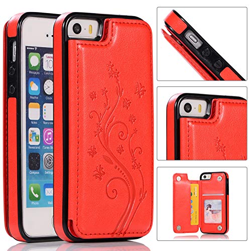QFUN Back Wallet Case for iphone 5/5S/SE with Stand, Elegant Embossed Design [Butterfly Flower] Lightweight Slim Fit Leather Phone Case with Card Holder Protective Bumper Flip Cover - Red