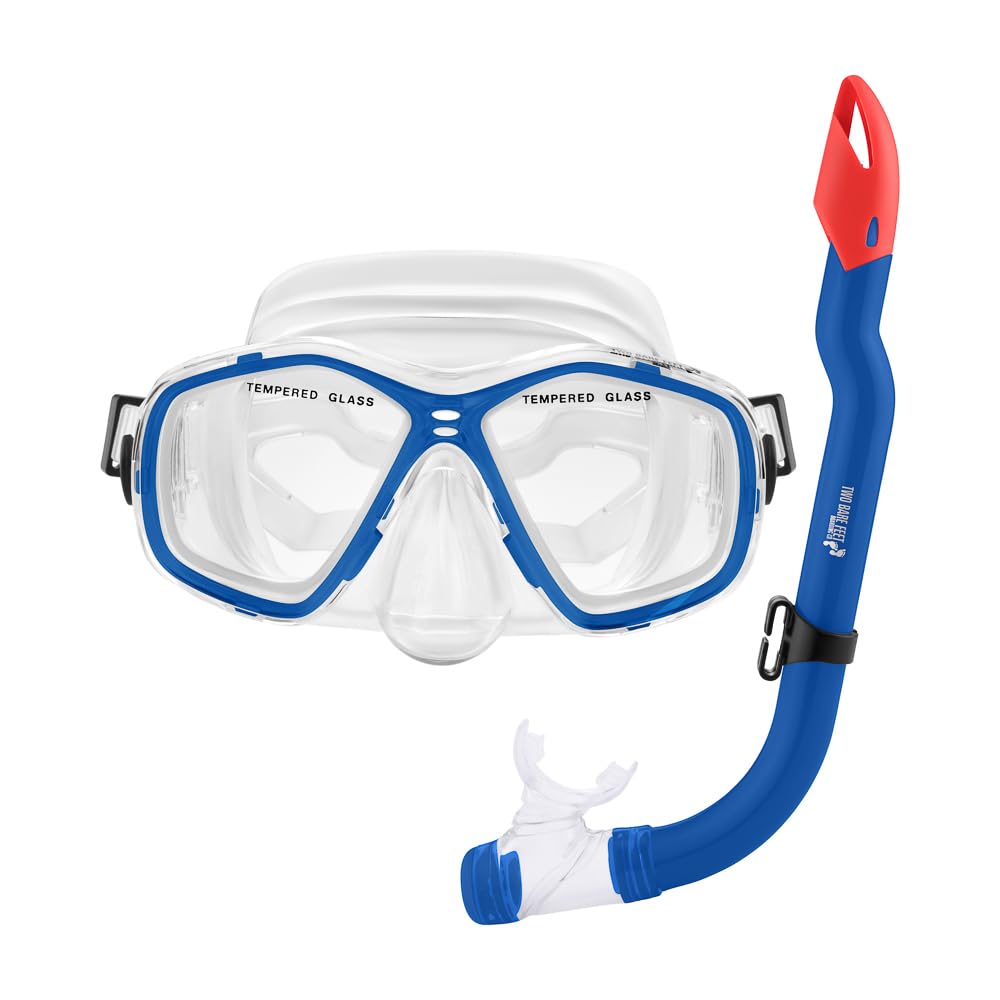 Two Bare Feet Snorkel and Mask PVC Diving Set โ (Kids) Snorkeling Gear with Anti-Leak Design, Comfortable Fit, Clear Vision Lens, and Adjustable Straps for Diving, Swimming & Watersports (Blue)