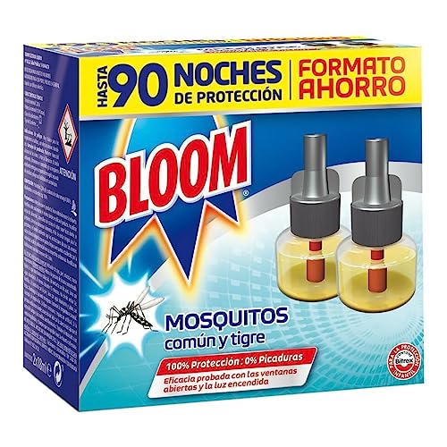 Bloom Líquido (pack de 2 recambios), insecticida eléctrico para mosquitos común y tigre, antimosquitos con 90 noches de protección, El ambalaje puede variar