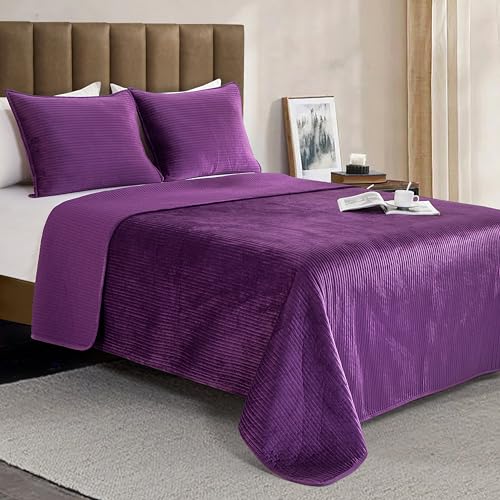 Elegant Comfort Luxury 3-Piece Velvet Corduroy Stripe Quilt Set, Ultra Soft Bedspread - Cozy Velvet Coverlet Set - 3PC Medium Weight Quilted Set with Matching Pillow Shams, California King, Purple