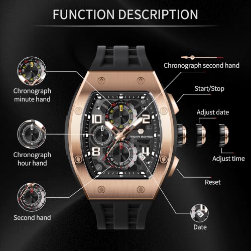 Image of TSAR BOMBA Men's Luxury Quartz Watch, Luminous Dial 5ATM Water Resistance Silicone Strap Men's Wristwatch Ideal Gift for Men