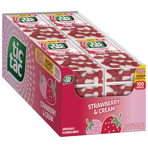 Tic Tac Strawberry & Cream, On-the-Go Pocket-Sized Mints, 100 pieces, Bulk 12 Pack, 1.7 oz Each