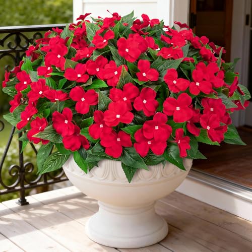 Image of Bassion 6 Bundles Artificial Flowers for Outdoors Fake Impatiens, Red | UV resistant, silk flowers, no fade realistic faux plants, outside patio garden porch planters window box balcony home decor