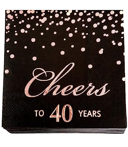 Rose Gold Foil Cocktail Napkins with Cheer 40 Years | Folded 5 x 5 Inches Disposable Party Napkins | 3-Ply Paper Beverage Napkins for 40th Birthday Decorations, Wedding Anniversary, Retirement, Black