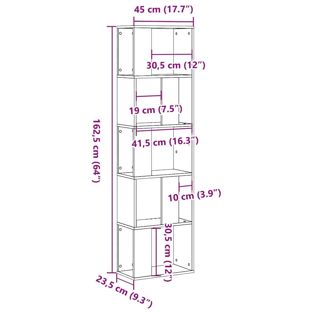 Libreria nera effetto rovere, 45 x 23,5 x 162,5 cm, con 5 ripiani, scaffale versatile per soggiorno, ufficio, cameretta dei bambini, corridoio, ideale per libri, documenti, decorazione e