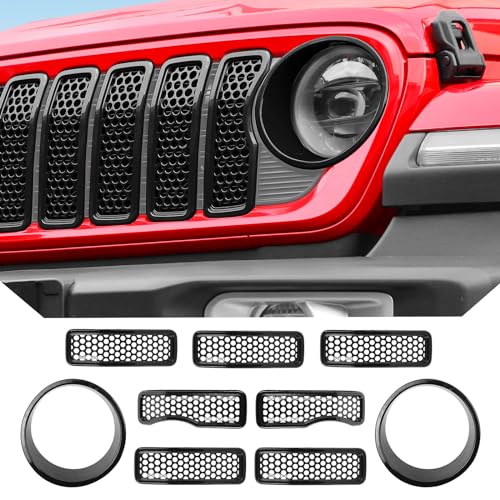 Image of JeCar Mesh Grill Inserts for Jeep Wrangler JL 2024+ Grill Covers & Headlight Covers trim Kit Accessories (Black C)