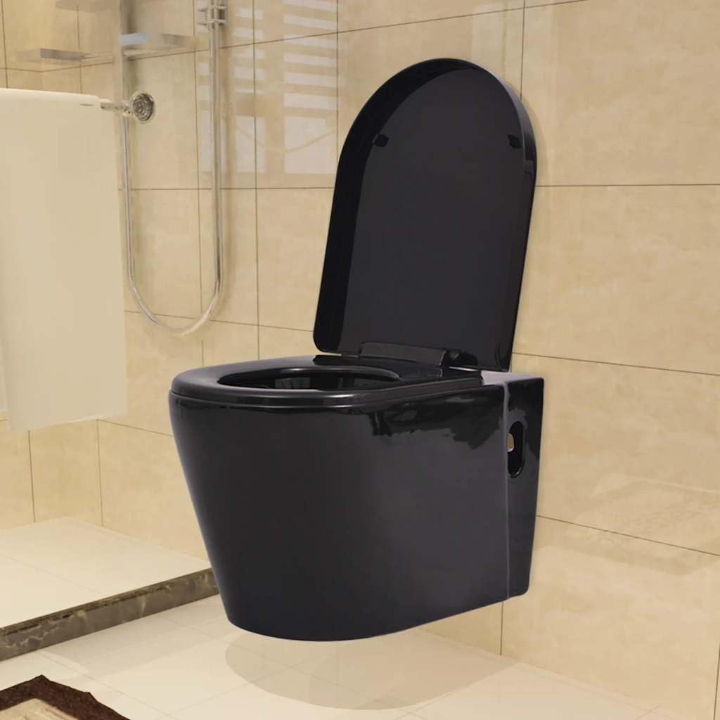 Inodoro de pared con cisterna empotrada, inodoro colgante de cerámica negra, asiento de cierre suave, función de ahorro de agua, diseño moderno