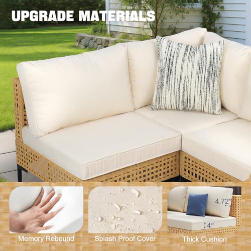 ABCASA Patio Furniture Set, 110" Large 7-Piece Wicker Outdoor Patio Furniture Sets with Coffee Table,Boho Patio Conversation Set Sectional Sofa with All-Weather Cushions for Backyard,Porch,Beige