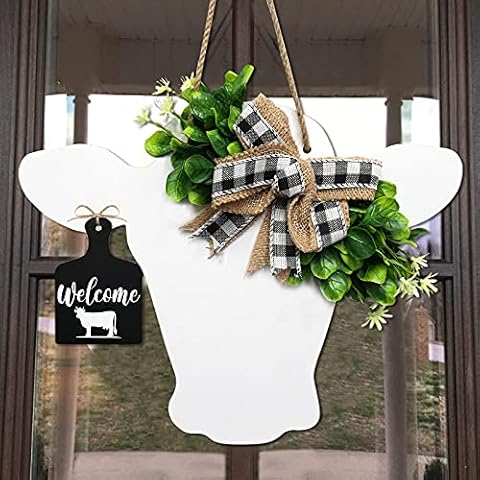 Welcome Farmhouse Cow Head Door Wreath Sign Rustic Wooden Calf Front Door Hanger Buffalo Plaid Burlap Bow And Artificial Leaves Home Restaurant Cafe Outdoor Indoor Decoration Gift Ideas 12"x 15" Cover