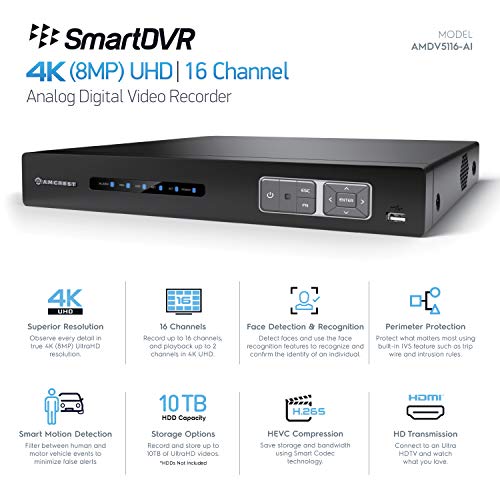 Image of Amcrest 4K UltraHD 16 Channel AI DVR Security Camera System Recorder, 8MP Security DVR for Analog Security Cameras & Amcrest IP Cameras, AI Smart DVR, Pre-Installed 4TB Hard Drive (AMDV5116-4TB)