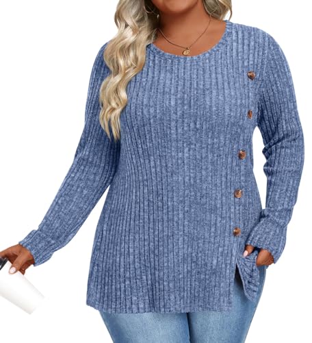 Image of HOTGIFT Womens Plus Size Sweater Tops Long Sleeve Crewneck Casual Tunic Shirts Buttons XL-5XL Blouse Soft Comfy Fashion